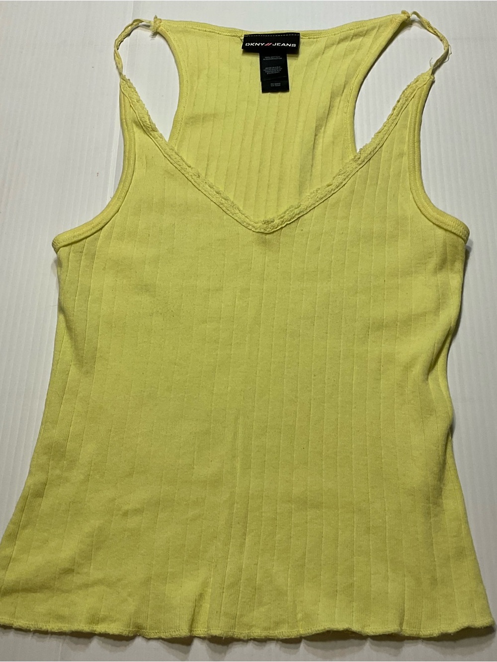 DKNY Jeans Yellow Tank Top Ribbed Lace Trim V Neckline Racerback Cotton Sz S Y2K